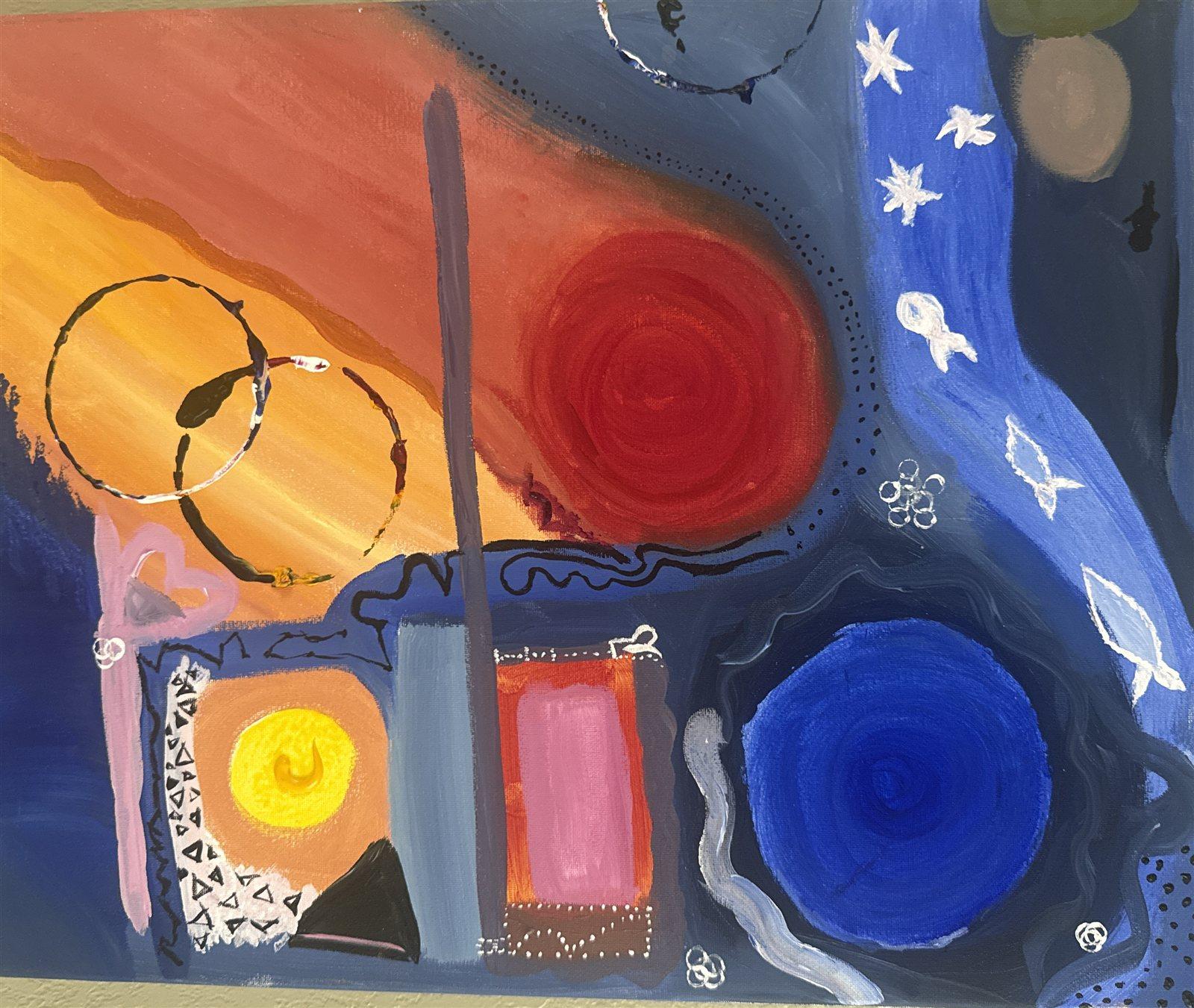 A mind in two weathers — a warm amber field with interlocking rings and a deep red orb beside a midnight blue field of stars, small framed thoughts scattered between.