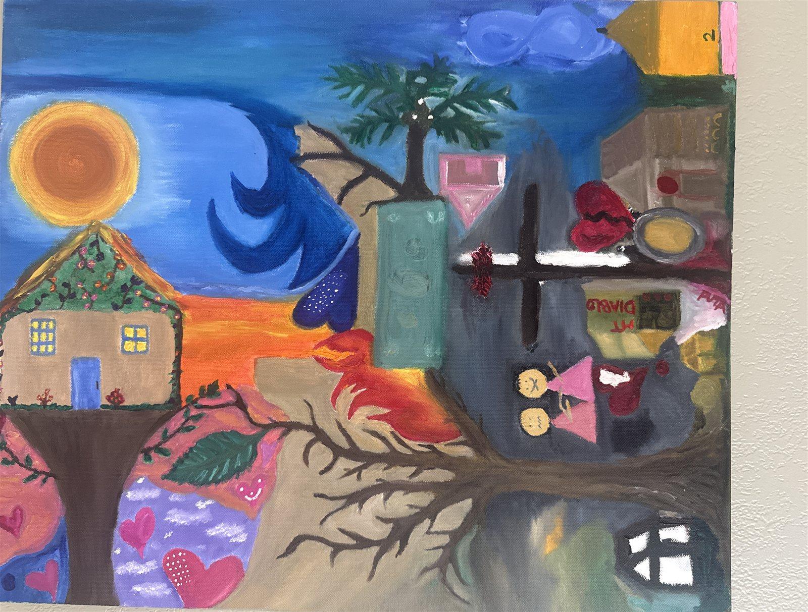 A sunlit house held in a flowering tree on one side and a grey world of money, crosses, and broken hearts on the other, joined by one root system beneath.