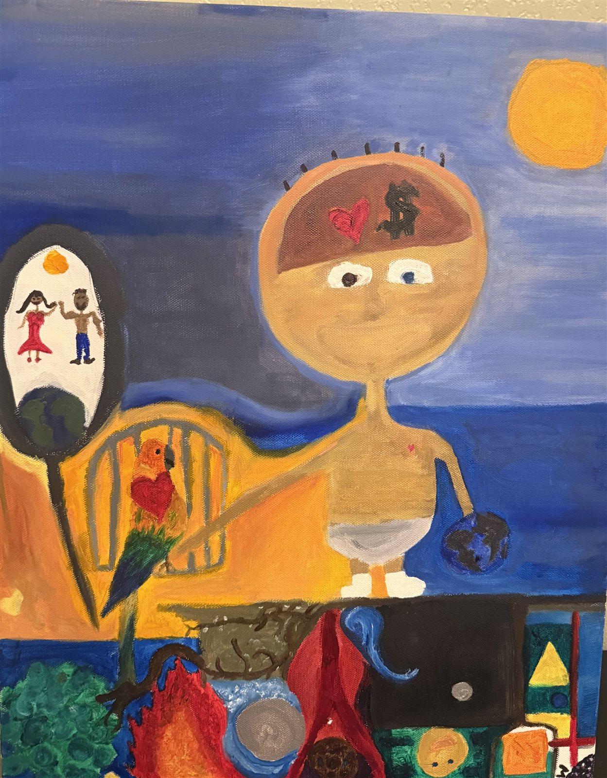 A boy with an open head holding a red heart and a dollar sign inside it, standing before an ocean under a golden sun — parents in a mirror, a parrot caged with a heart, a small dark Earth in his hand.