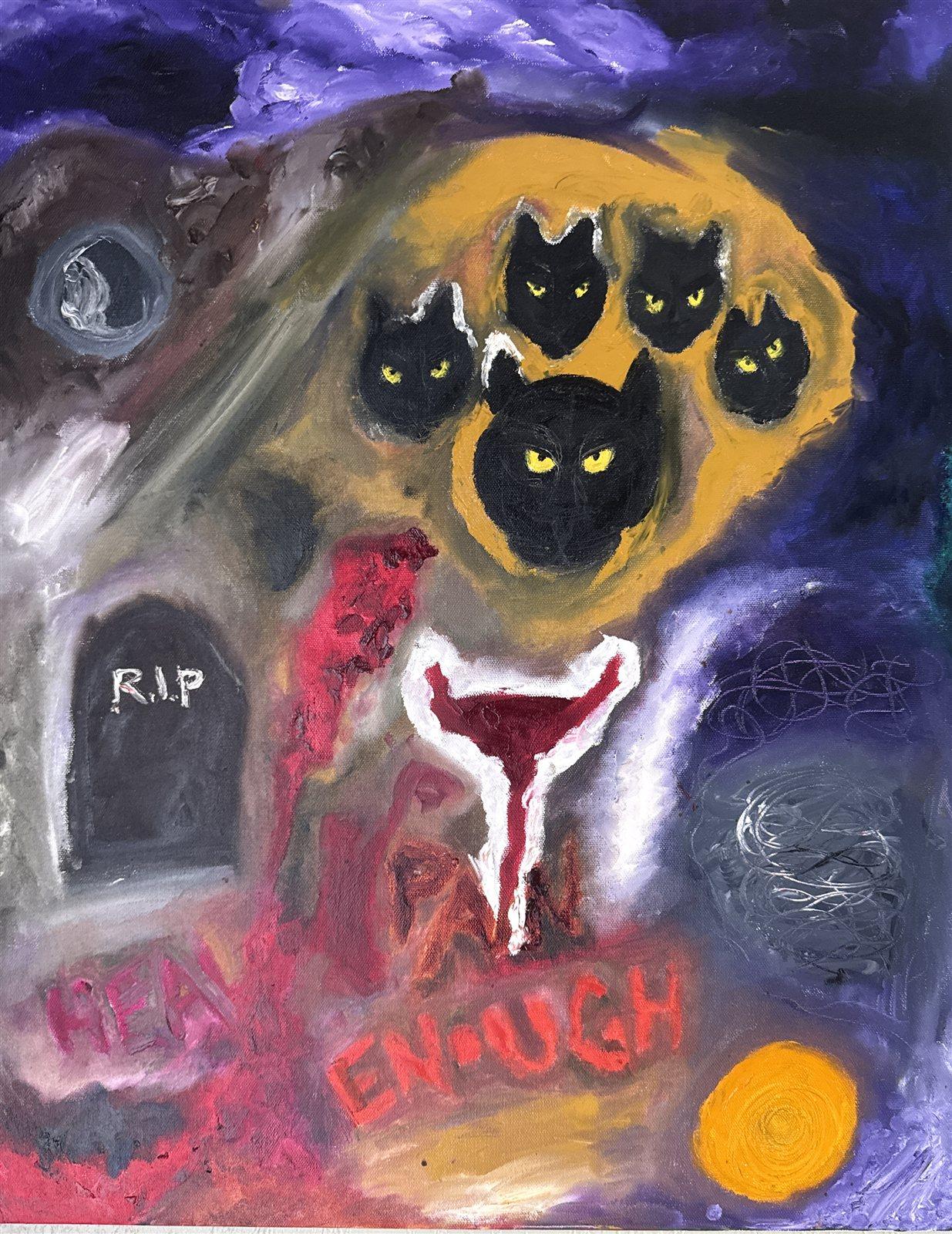Black cats with amber eyes gathered in a golden halo above a tombstone marked R.I.P., a spilled red glass, and the word ENOUGH, in a storm of violet and grey oils.