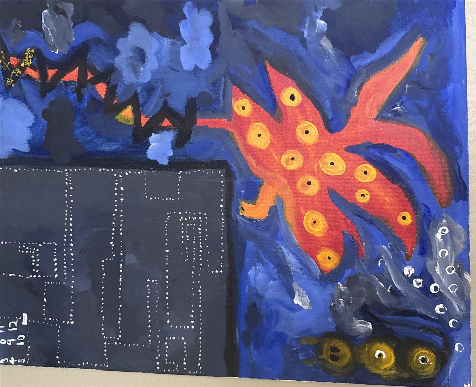 A vermilion starburst with golden seed-centres breaking free across a deep cobalt field, escaping a charcoal panel traced with dotted white lines.