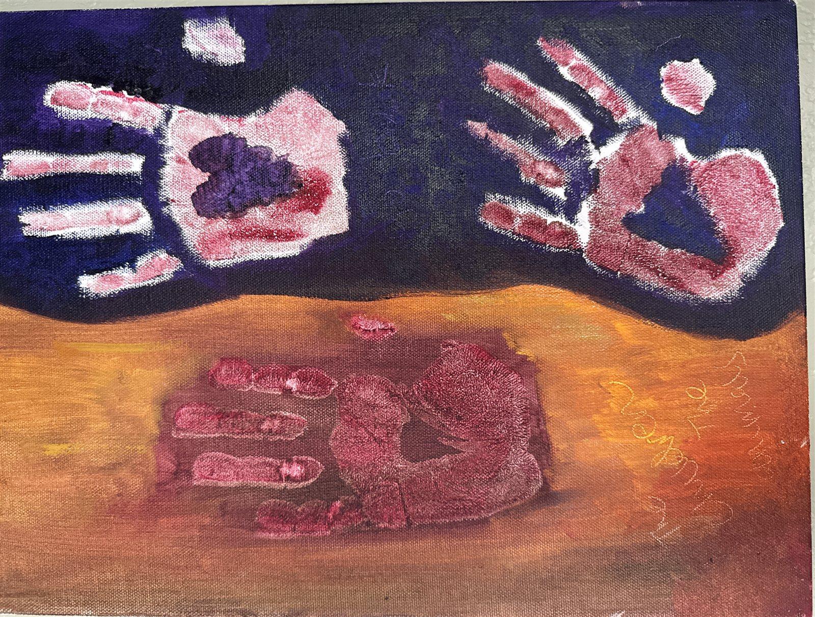 Pale handprints pressed into a midnight-violet field above, and a single deep-rose handprint pressed into a field of warm amber below.