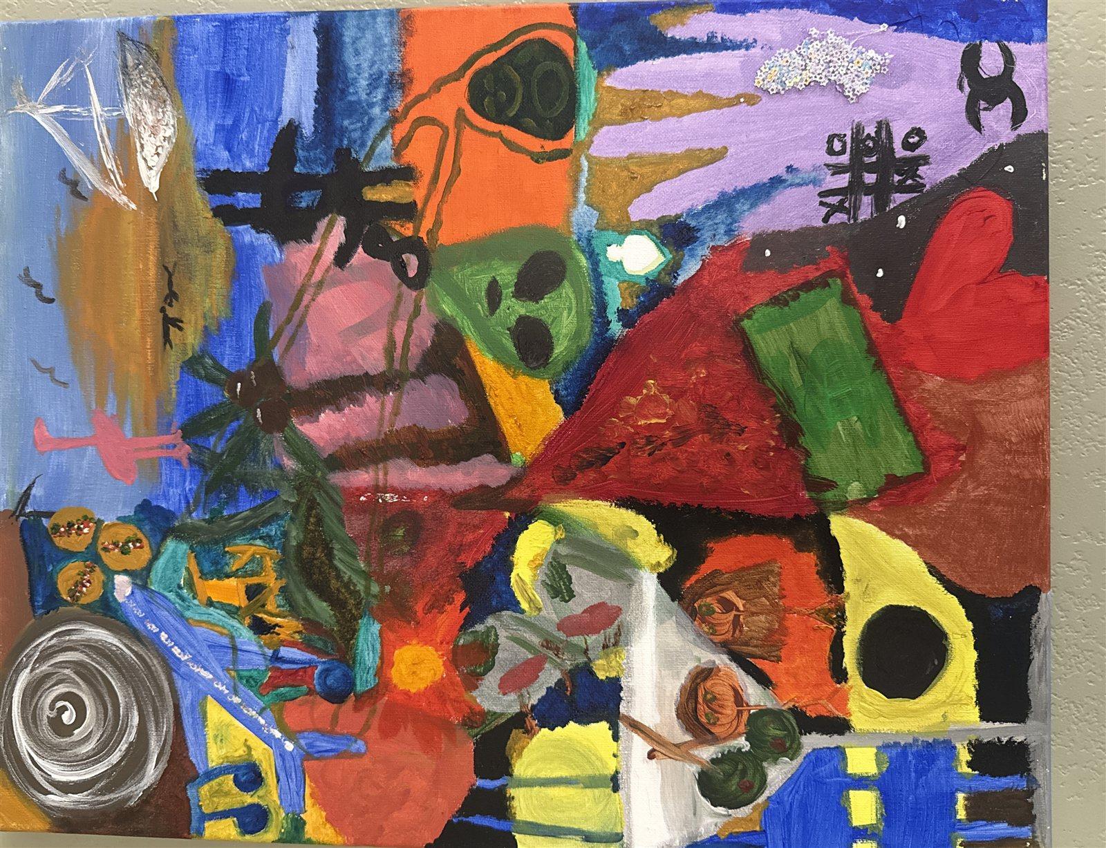 A whole chapter compressed onto one canvas — dense small scenes, a green face, tic-tac-toe marks, birds, a red heart and a silver spiral — now held at observing distance.